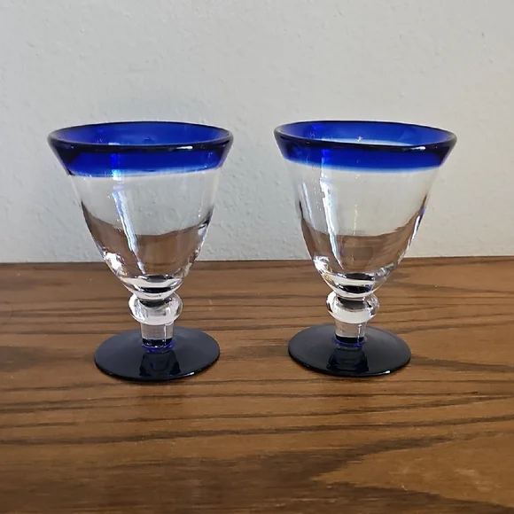 2 Cobalt Blue and Clear Glass Goblets - Picture 1 of 5